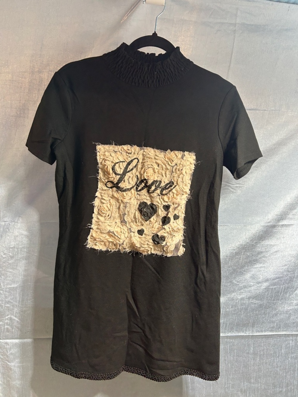 Zara Black Short-Sleeve Top with Cream Floral Patch and 'Love' Script
